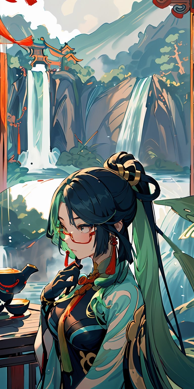 (frot view), sincerity light, ((foggy)), shadow, pastel light, ((scenery only)), breeze, , (((extremely detailed))), , high res, (solo) , xianyun retainer \(genshin impact\) calligraphy by ink:1.9), red glasses, (chinese long hairstyle:1.8), (ancient chinese teahouse:1.9), (chinese screens with crans + waterfall on background:1.9), (warm, sunny, fresh, low contrasts),navel,
 (((((traditional chinese))))), kawaii, pastel colors, cute colors, (complex layering), majestic + extremly soft light, (top quality), (ultra-detailed, 4k quality), (large masterpiece digital art), glowing a soothing blue, ((magical sparkling)), day,  , glowing, glitter, airy, soft edges, , flat, , elbow gloves, high ponytail, black hair, hair ornament, (CloudRetainer from Genshin Impact), green hair, bodysuit, multicolored hair, two-tone hair, earrings, chinese clothes, ponytail, long hair, hair ornament, (black hair & green hair & multi-coloured hair), ,xianyun,long hair