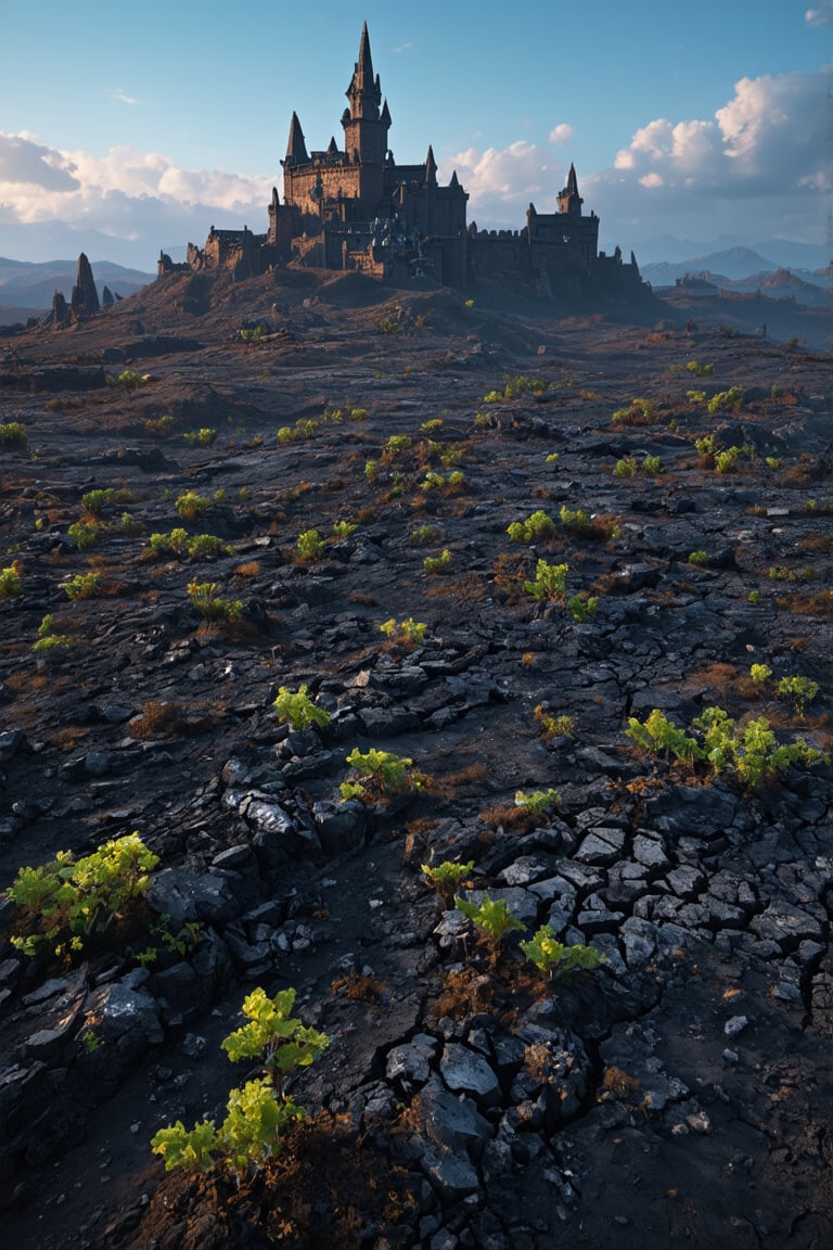 Aerial view of Roshar's ravaged terrain, where eerie, iridescent flora sprouts from cracks in the charred earth. The desolate landscape stretches towards a fortress-like castle, its towering spires piercing the sky like shards of crystal. Soft, golden light casts long shadows, illuminating the devastation while the heavens above remain a brilliant blue, a stark contrast to the ruin below.