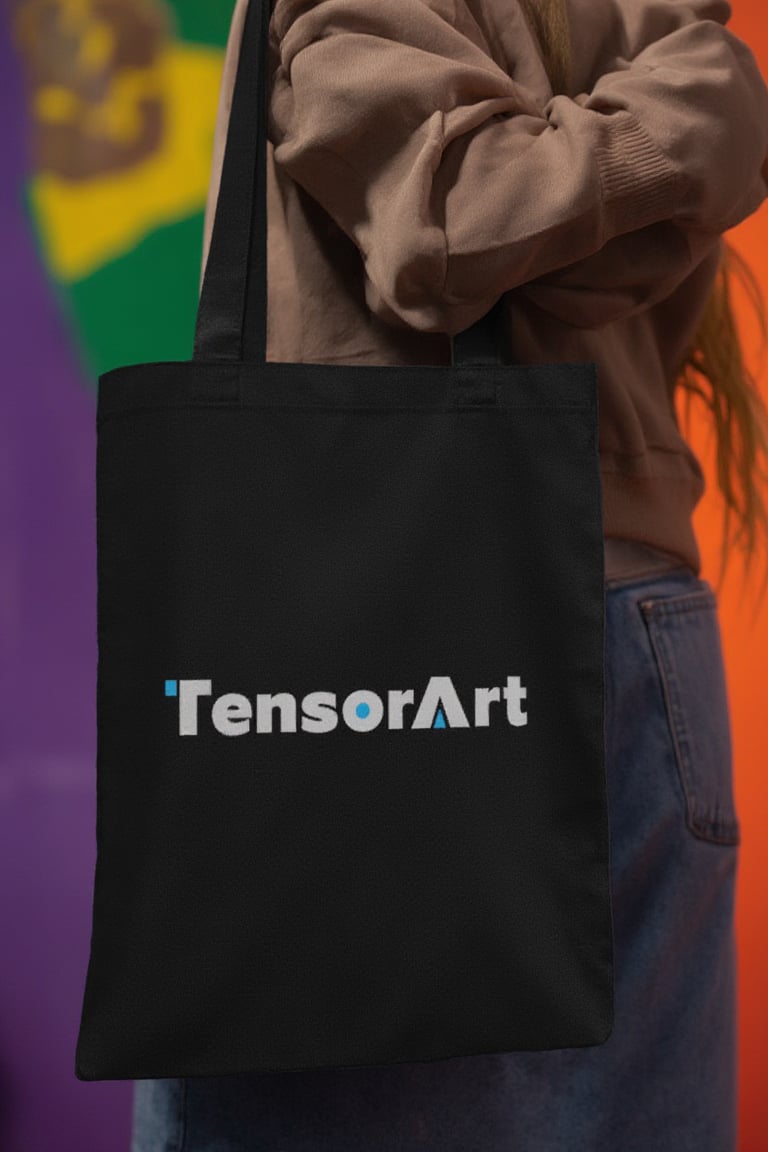 photo of brazilian woman holding black tote bag with white tensorart_logo, cinematic shot, colorful background