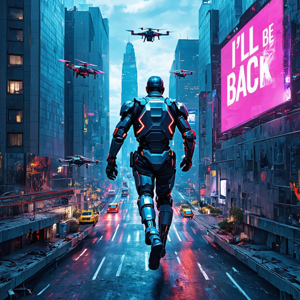 A thrilling 3D render of a cyberpunk cityscape, where a high-speed chase is taking place through neon-lit streets. A lone hero, clad in a sleek, armored suit with glowing accents, sprints across a rooftop, pursued by menacing drones. The city below is a chaotic blend of towering skyscrapers, holographic advertisements, and bustling traffic. In the sky above, a giant billboard flickers with the iconic words "I'll be back," a nod to the legendary Terminator line. The scene is dynamic and full of motion, with vibrant colors and intense action that capture the essence of a futuristic, dystopian world.
