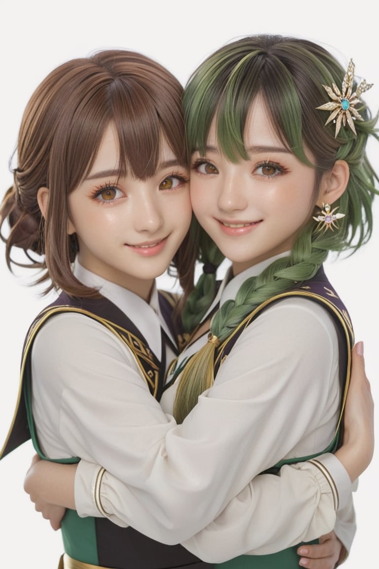 masterpiece, ultra detailed, high quality, 2girls, multiple girls, [hug], upper body, white background, yuri 1girl, collei, genshin impact, green hair, hair between eyes, bangs, medium hair, hair ornament, closed eyes, smile, v, 1girl, amber, genshin impact, brown hair, crossed bangs, hair between eyes, brown eyes, :o, smile, v