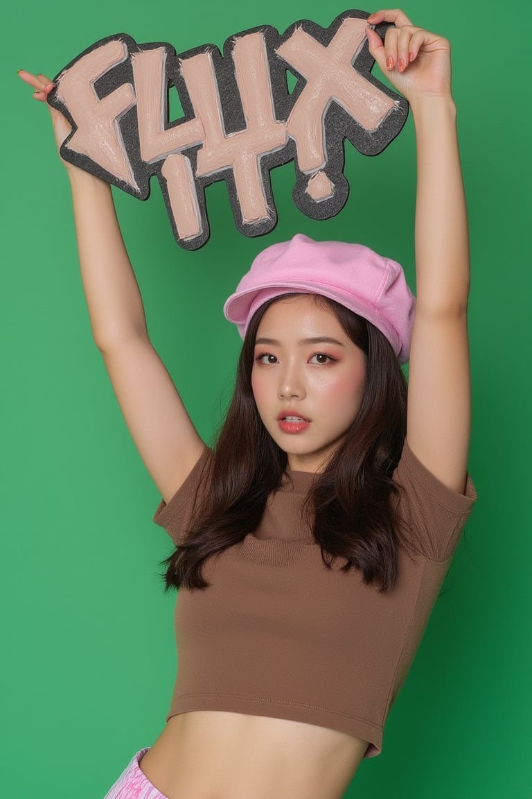 A Korean model confidently dynamixpoze posing in front of a vibrant background. Wearing a fitted brown crop top and a statement-making pink hat, they exude an edgy vibe. The model's eyes sparkle with intensity as they proudly hold up a sign reading 'FLUX IT!' in bold, graffiti-style letters. The composition emphasizes the model's powerful pose, while the contrasting colors of their outfit pop against the green background.,