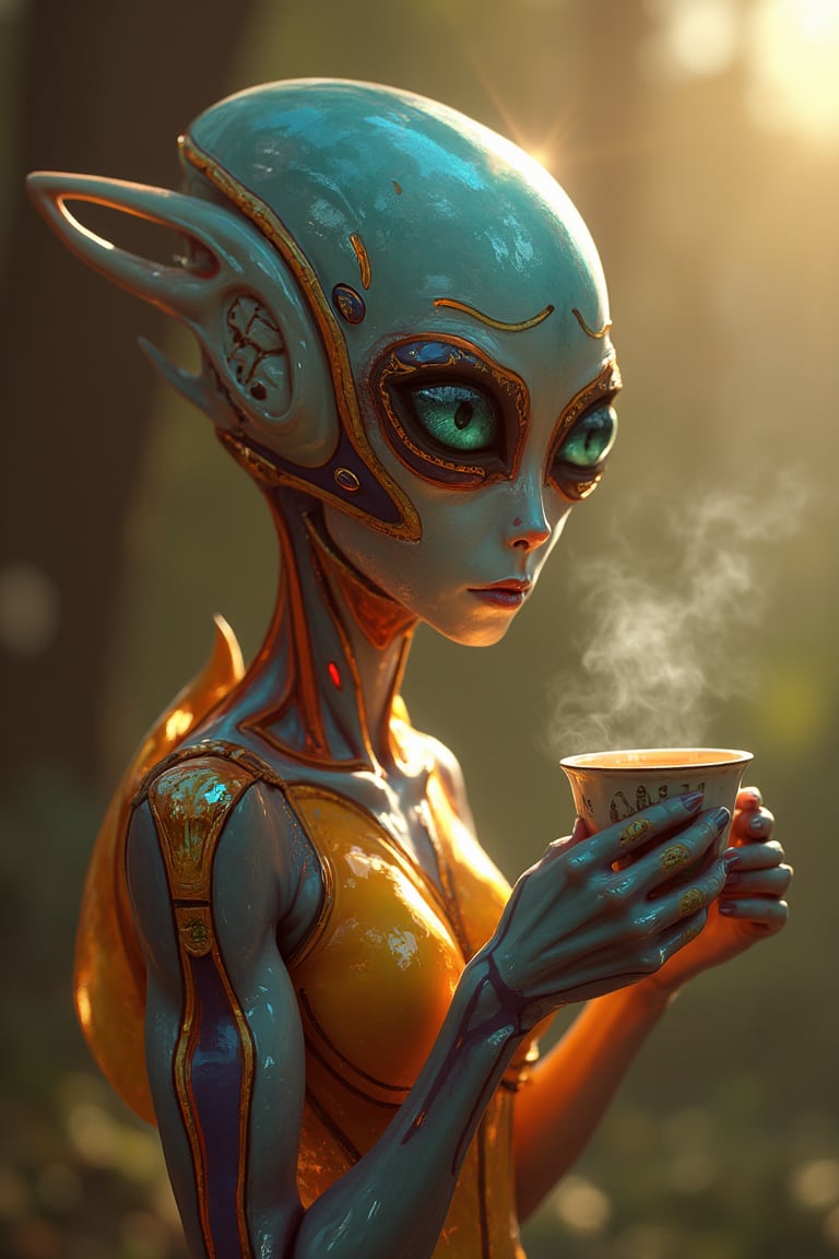  sci_fic, A rainbow-skinned alien, its bioluminescent features radiating a soft glow, cradles a steaming cup of coffee in its long, slender fingers. Morning sunlight casts a warm, golden light on the extraterrestrial's ethereal skin, as it savors the rich aroma and takes a deliberate sip