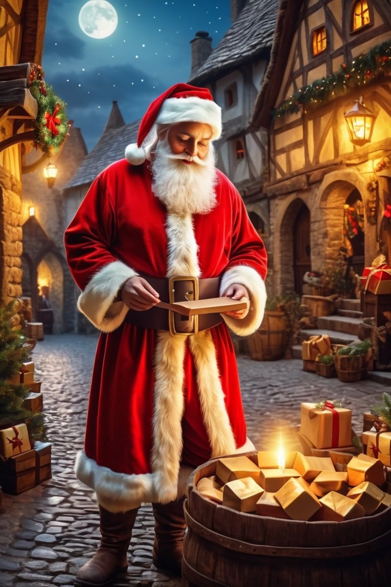 (best quality), (4k resolution), creative illustration of a cute santa claus preparing gift at medieval era, ((medieval city:1.2)) , europe vibes