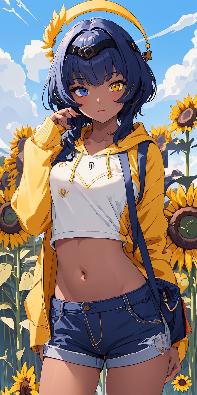 (masterpiece), best quality, ultra-detailed, illustration, (kawaii style), pastel colors, kawaii, cute colors, , 1girl, navel, candacernd, ,(heterochromia, yellow eyes, blue eyes), dark-skinned female, , tan skin, blue hair, (alternate costume), regular outfit, baggy hoodie, yellow hoodie, sunflower, sunflower fiels, blue sky,candacedef,masterpiece