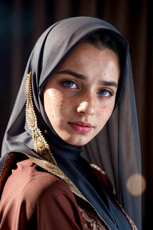 portrit of beautiful young bosnian girl, pale skin, blonde hair, blue eyes, freckles, wearing dark red hijab, abaya, veil, studio lighting, shadow on face, wet skin, sad expression, blushing, wearing brown dress