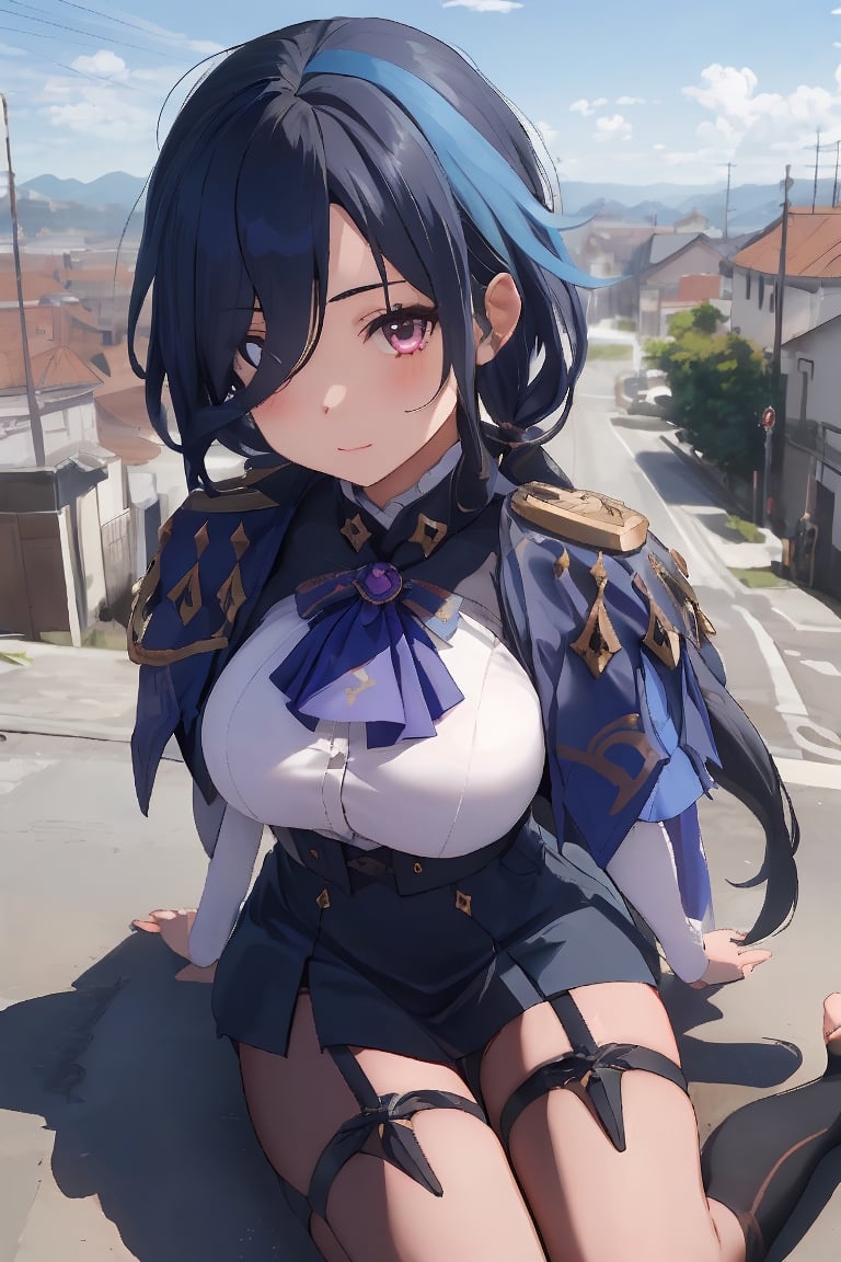 absurdres, highres, ultra detailed, manhwa style, (cute), 1girl, milf, clorinde (genshin impact), , blue hair, long hair, hair over one eye, ascot, headwear, capelet, high-waist skirt, thigh strap, pantyhose, white shirt, kneeling, arm behind back, looking down, from above, full body, simple background,clorinde (genshin impact)