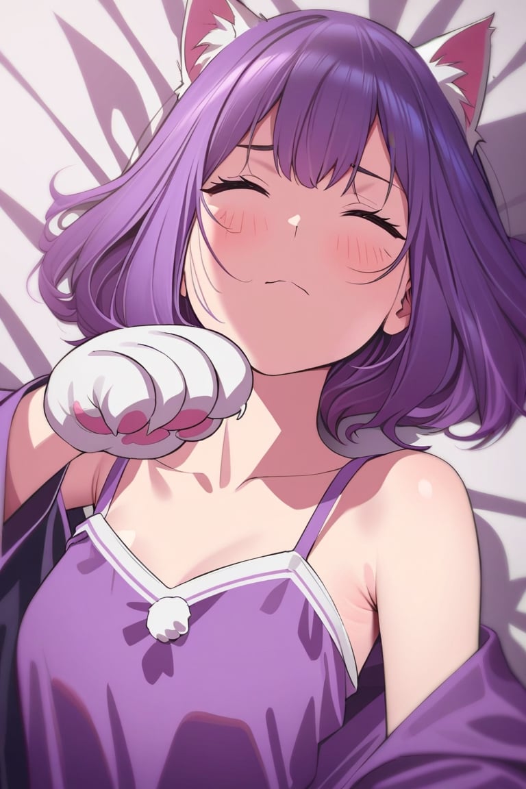 top view, by and.ad, amazing quality, masterpiece, best quality, hyper detailed, ultra detailed, UHD, perfect anatomy, portrait, dof, hyper-realism, majestic, awesome, inspiring, 1girl, sleepy, sleepy face, catgirl, cat ears, purple hair, purple pajamas, [armpit peek], paw hand, white paw, cute, depth of field, bedroom