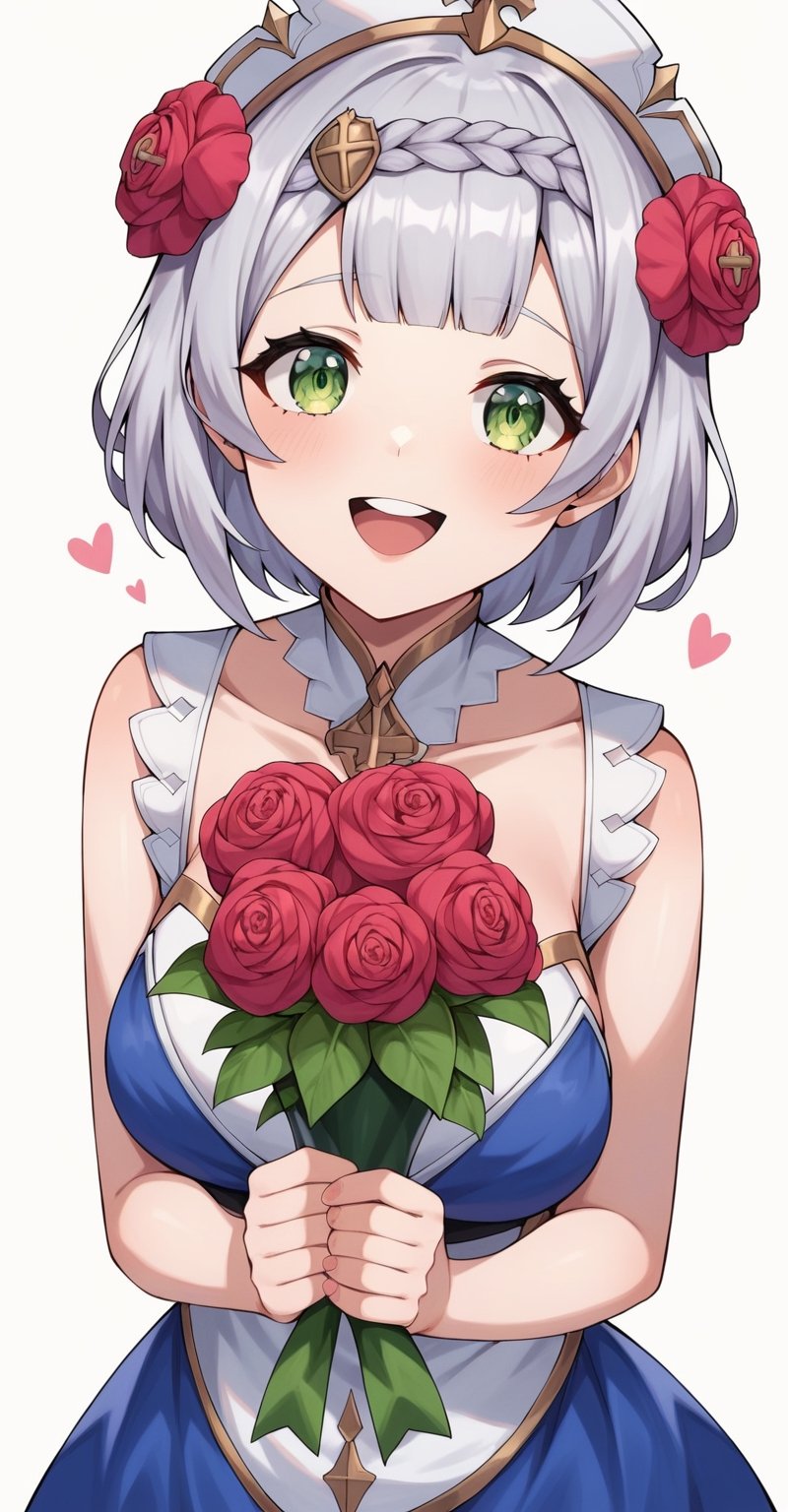 Score_9, Score_8_up, Score_7_up,
1girl, noelle, genshin impact, green eyes, short hair, silver hair, braid, flower, hair flower, hair ornament, blue dress, holding a bouquet of tulips in hands, happy, smile, open mouth, simple background, white background, upper body, pastel, pink theme, warm colours, masterpiece, best quality, aesthetic , art by wlop, art by nixeu