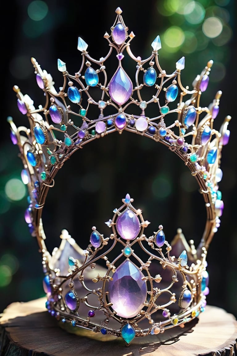  (magical crystal tiara:1.2),Crown of Shifting Realms:
A regal crown adorned with gemstones representing different realms of existence. When worn, the crown allows the wearer to briefly attune to alternate dimensions, gaining glimpses of possibilities and potential futures.