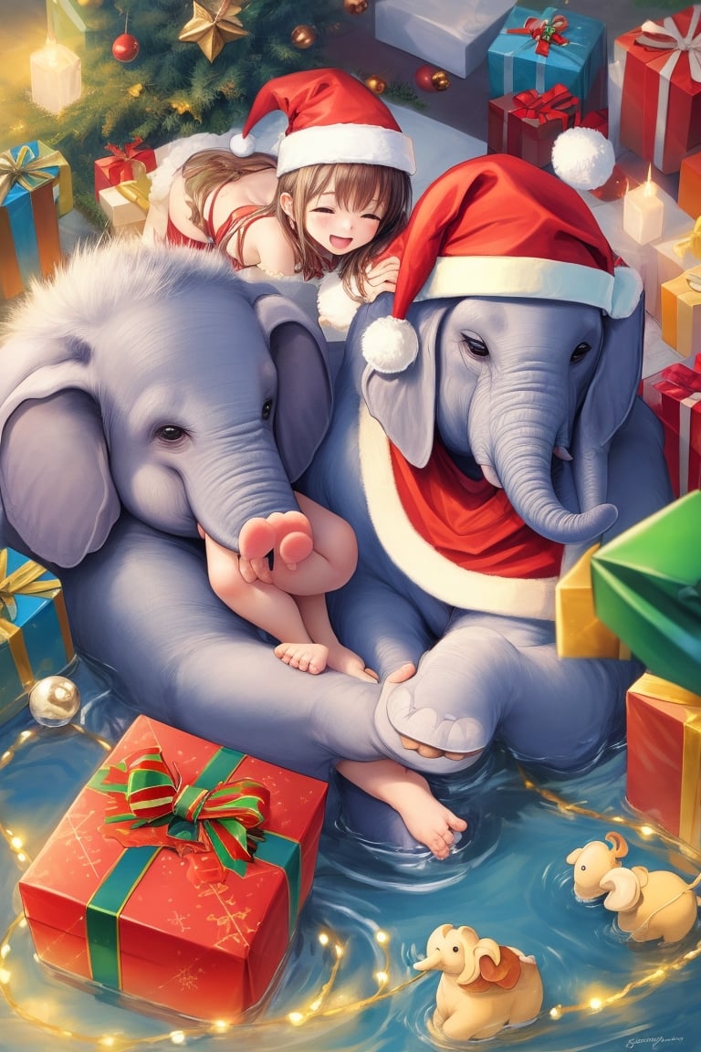 at christmas, photorealistic cute small fluffy elephant playing with water in backyard, family, christmas gift, detailed house, cute, christmas ornament, happy family, [santa claus]