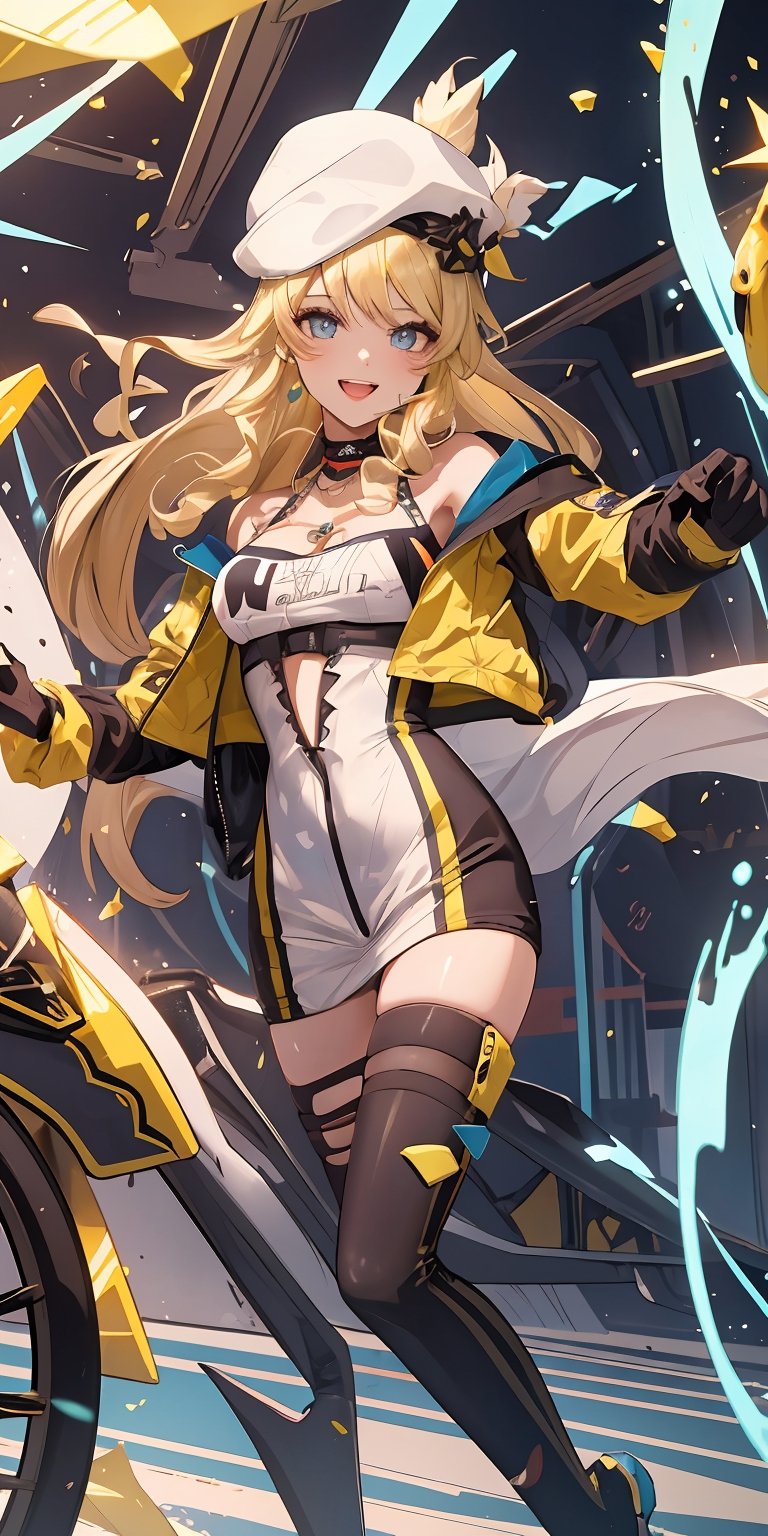 (masterpiece), best quality, ultra-detailed, illustration, beautiful face, 1girl, sporty, standing, smiling, open mouth, detailed lips, chocker, milf, mature, blonde hair, [green eyes|blue eyes], white beret, open jacket, ((yellow jacket)), racing outfit, racing dress, long hair, necklace, solo, drilled hair, very long hair, wavy hair, medium breasts, [[cleavage]], navia_gi, navia \(genshin impact\), ((blonde hair)) , scenery, kneehigh, windy, depth of field