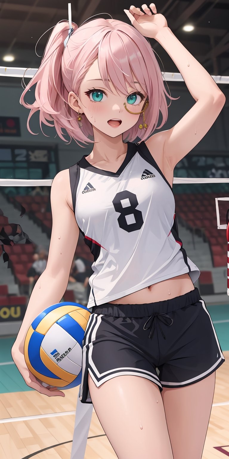 (masterpiece), best quality, ultra-detailed, illustration, kawaii style, pastel colors, kawaii, cute colors, pastel colors, Charlotteid, 1girl, [navel], solo, pink hair, bangs, green eyes, (monocle), short hair, bare shoulders, , alternate costume, sportswear, volleyball uniform, shorts, shirt, white shorts, shoes, armpits, sleeveless, volleyball, holding, holding volleyball ball, looking at viewer, sneakers, sweat, sleeveless shirt, open mouth, arm up, ball, (volleyball indoor)