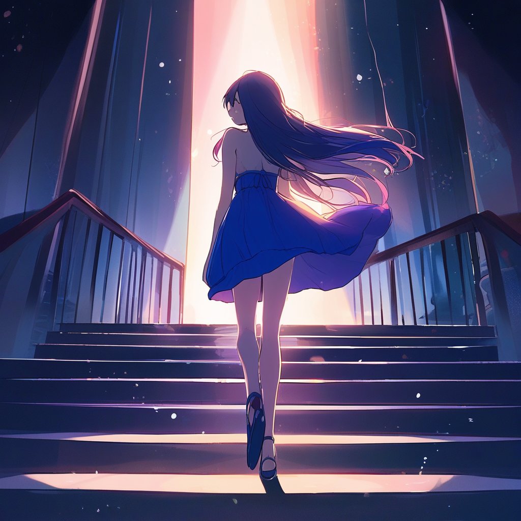 A serene anime scene, A young girl with a radiant smile stands at the top of dimly lit stairs, her bright blue dress contrasting with the darkness. Her long hair cascades down her back as she gazes forward, exuding warmth and innocence. The stairway's curves frame her petite figure, while shadows dance across the steps, adding depth to the mystical atmosphere, pastel color, contrast