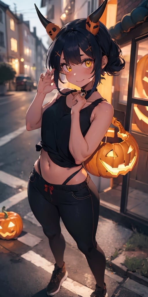 (masterpiece, sidelighting, beautiful eyes), cute, kawaii, (illustration), 1girl, (devil), ((red skin)), (red horn), black tank top, navy long pants, navel:0.6, full body, claw pose:1.2, devilish eyes, yellow eyes, short hair, blue hair, hair ornament, hair rings, hairclip, twin braids, , ((halloween)), (a jack o'lantern), outdoor,reddemon