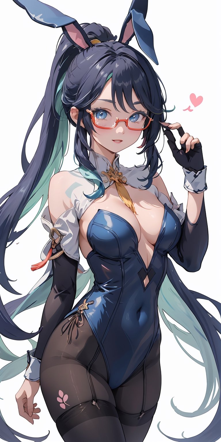 (masterpiece), best quality, ultra-detailed, illustration, (kawaii style:1.4), pastel colors, kawaii, cute colors, pastel colors, 1girl , long hair, collar bone, bare shoulders, armpit, ponytail,  multicolored hair,  hair ornament, semi-rimless eyewear, glasses,  blue eyes, milf, deep cleavage, ((bunny outfit)), navel, looking at viewer, medium breasts, parted lips, purple eyes, rabbit ears, smile, solo, thighhighs,  wrist cuffs, leotard, pantyhose, playboy bunny, ribbon, strapless, strapless leotard, transparent pantyhose, rabbit ears, blue leotard, ,long hair, chinese ornament, simple background, bare legs