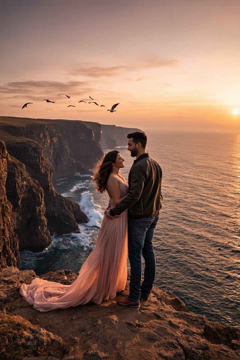 A breathtaking, realistic depiction of a couple standing on the edge of a dramatic cliff at sunset, overlooking a vast, endless ocean. The scene captures the golden hour, with the sun dipping just below the horizon, casting a warm, amber glow across the sky and the water. The couple stands close together, their hands gently intertwined, with the wind softly tousling their hair and clothes. The man, dressed in a fitted, rugged jacket and jeans, gazes lovingly at the woman, who wears a flowing, elegant dress that catches the light beautifully. Their expressions are a mix of love and awe, as they share this intimate moment in the midst of nature's grandeur.

The background features towering cliffs with jagged rocks, waves crashing far below, and the sky painted in deep oranges, pinks, and purples. Far in the distance, a flock of birds soars across the sky, adding to the sense of freedom and connection with nature. The scene is both epic and tender, with the vastness of the landscape highlighting the depth of their bond and the timeless beauty of their love.
