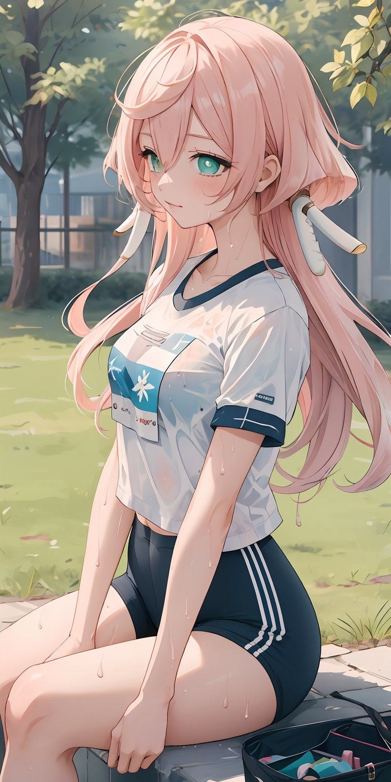 (masterpiece), best quality, ultra-detailed, illustration, kawaii style, pastel colors, , kawaii, cute colors, 1girl,frontview, sweat, wet clothes, [[[bra]]], yanfei \(genshin impact\), , pink hair, long hair, green eyes, alternate costume, black shirt, shirt, short sleeves, breasts, gym uniform, blue buruma, bare legs, thighs, (sitting), [[side]], depth of field, dated, schoolyard, grass,pastel colors