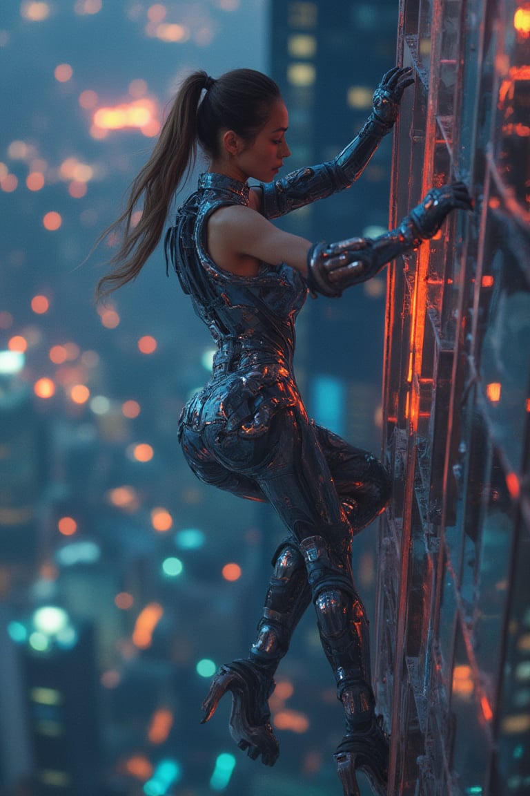 Close-up shot of a Latina woman climbing a glass skyscraper, her sci_fic exoskeleton reflecting the city’s neon lights as she ascends, determined and focused.