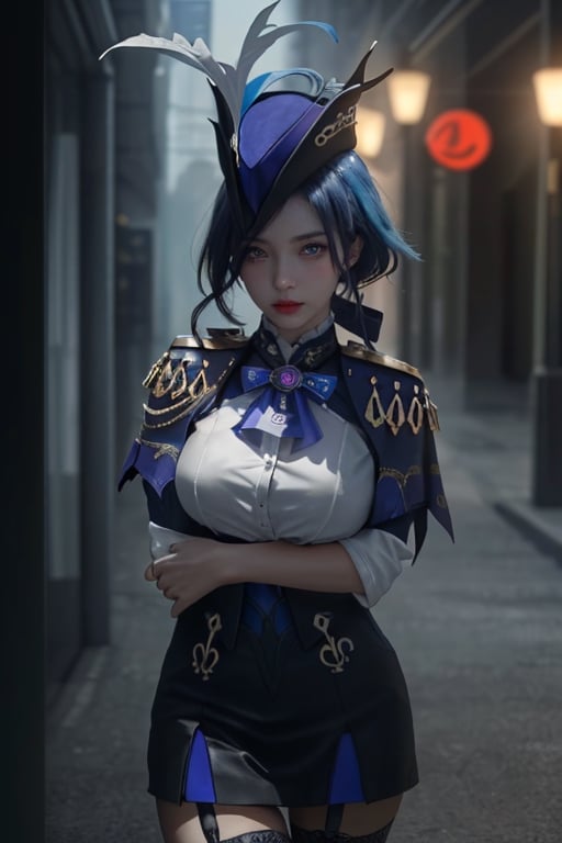 cinematic photo (art by Mathias Goeritz:0.9), photograph, clorinde (genshin impact), deep blue hair, purple eyes, blue headwear, white gloves, black pantyhose, earrings, hat feather, garter strap, corset, epaulettes, large breasts, long hair, tilt shift, Horror, specular lighting, film grain, Samsung Galaxy, F/5, (cinematic still:1.2), 35mm photograph, film, bokeh, professional, 4k, highly detailed, photo r3al,1,arlecchino,clorinde (genshin impact)