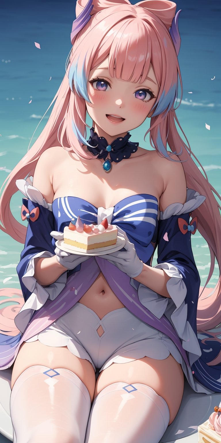 (ultra-detailed), ((close-up)), masterpiece, absurdres, best quality, 1girl, (sangonomiya kokomi), ((holding slice of cake on plate)), presenting a birthday cake, cute, kawaii, (birthday background), ocean theme, (ponytail), pink hair, blue hair ends, , confetti, medium breasts, navel cutout, pale skin, detached sleeves, ((white gloves)), ,(head tilt), hair ornament, bow, (blue bow), blue choker, blue gemstone, two-tone hair, ((thighhighs)), thighs, (white sofa), sitting, armpits, happy, smiling, big smile, open mouth, blush, detailed lips, shorts, (sleeves past wrists), strapless dress, depth of field ,kokomidef