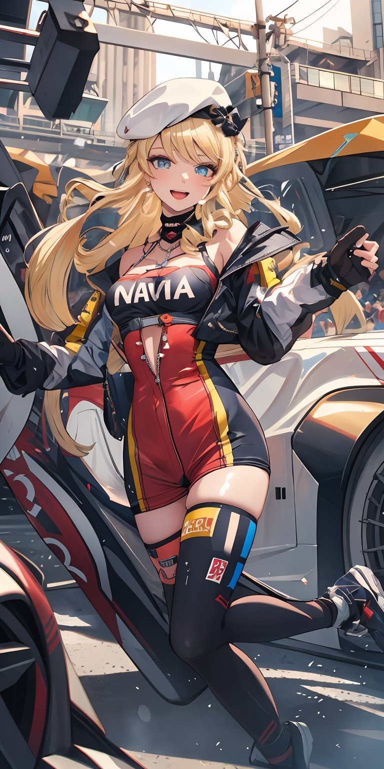 (masterpiece), best quality, ultra-detailed, illustration, beautiful face, 1girl, sporty, standing, smiling, open mouth, detailed lips, chocker, milf, mature, blonde hair, [green eyes|blue eyes], white beret, open jacket, yellow jacket, (racing outfit), racing dress, long hair, necklace, solo, drilled hair, very long hair, wavy hair, medium breasts, [[cleavage]], navia_gi, navia \(genshin impact\), ((blonde hair)) , scenery, kneehigh, windy, depth of field