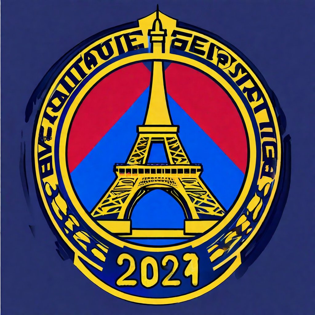 eifel tower in center, ((olympic logo)), A majestic medieval-inspired logo for the Paris Olympic Games! The framing features a regal crest with intricate details, set against a contrasting background. The centerpiece boasts vibrant, bold text MMXXIV in a striking color scheme, with the smaller text 2024 elegantly situated below. A fusion of modern and medieval elements, this emblem exudes grandeur and excitement for the Olympic Games.