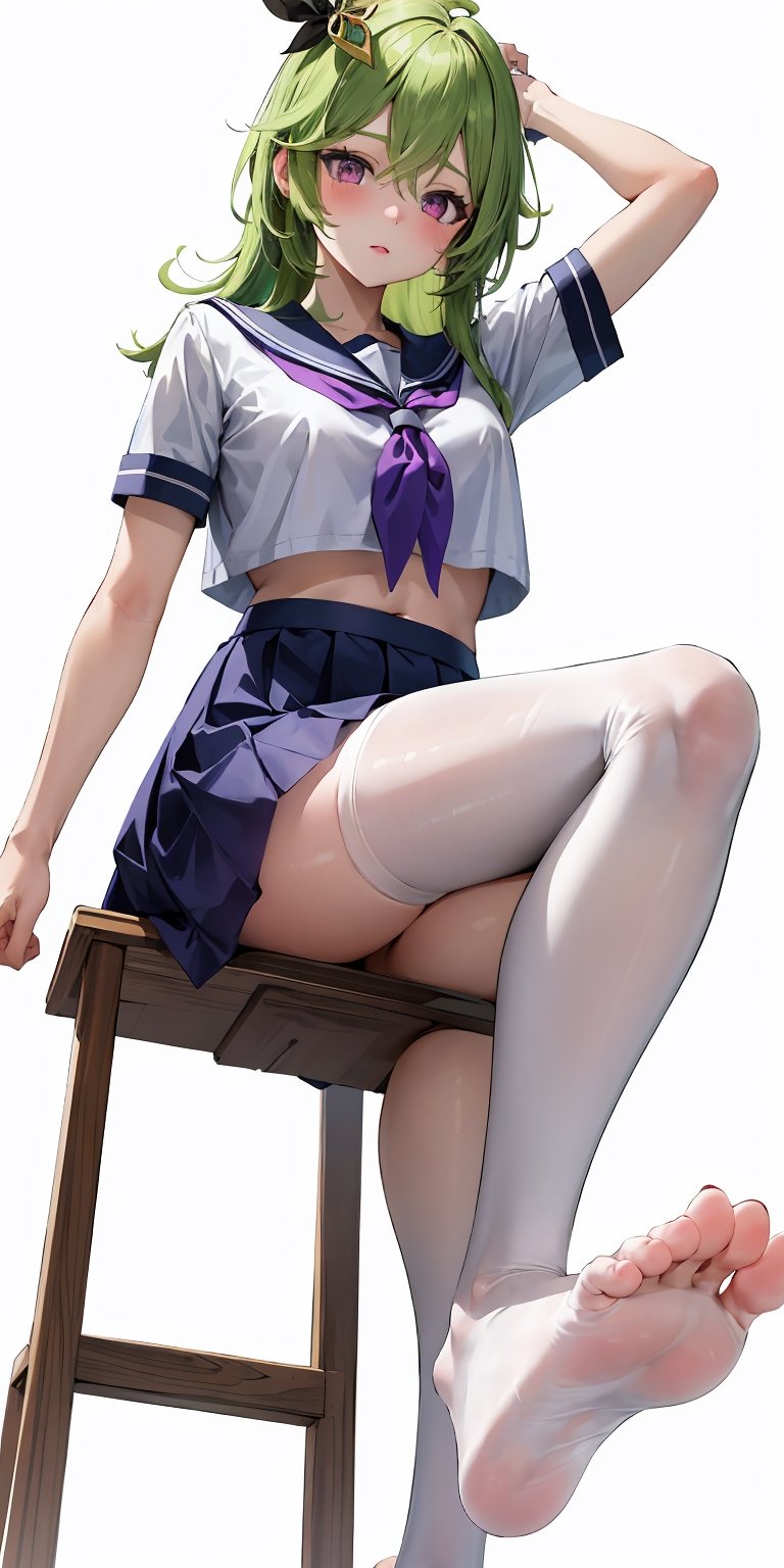 absurdres, highres, ultra detailed, manhwa style, (monochrome), 1girl, colleirnd, collei, green hair, medium hair, crossed bangs, sidelocks, (purple eyes:1.1), hair ornament, blush, , alternate costume, (school uniform), shirt, (white shirt), crop top, midriff, short sleeves, serafuku, sailor collar, neckerchief, blue skirt, pleated skirt, (pantyhose, white pantyhose), legs, feet, toes, soles, no shoes, sitting, (sitting on stool), looking at viewer, (paw pose, arm up), (white background), (from below), sketch