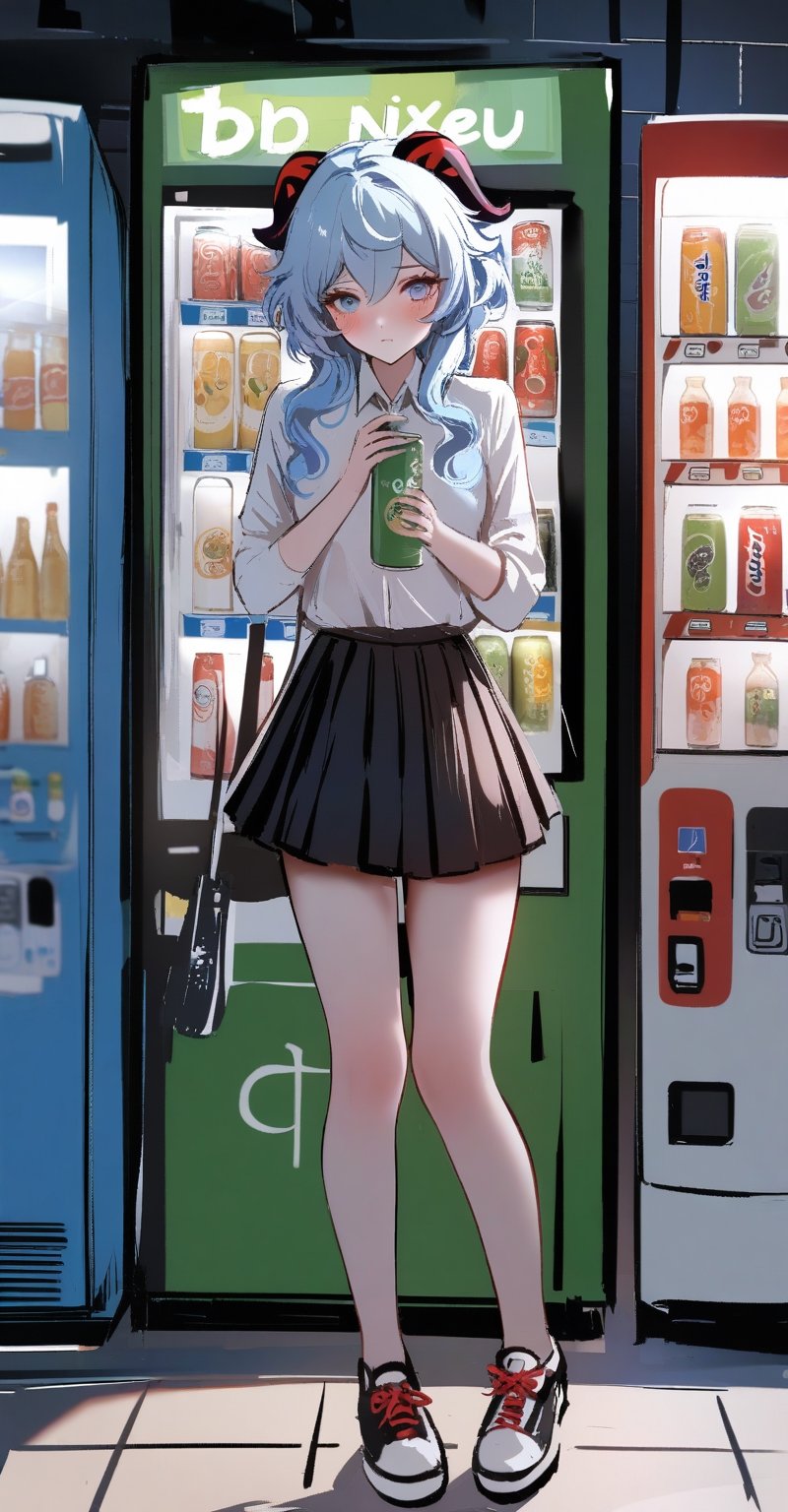 by nixeu, takamaki anne, 1girl, Ganyu \(genshin impact\), shy, blush, looking at viewer, vending machine, skirt, shoes, solo, shirt, standing, holding, can, pleated skirt, bottle,