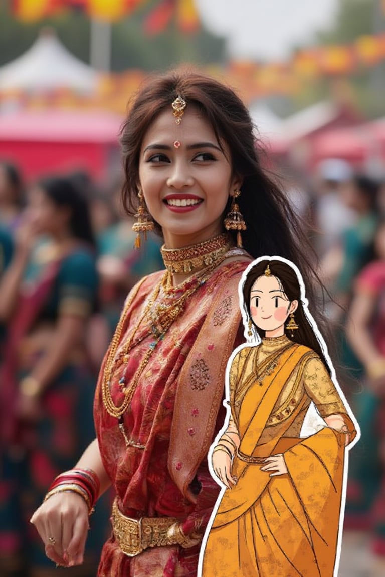 An Indian woman wearing a stylish sari, dancing joyfully at a festival. Overlapping with the image, there is a vector illustration of the same woman.

