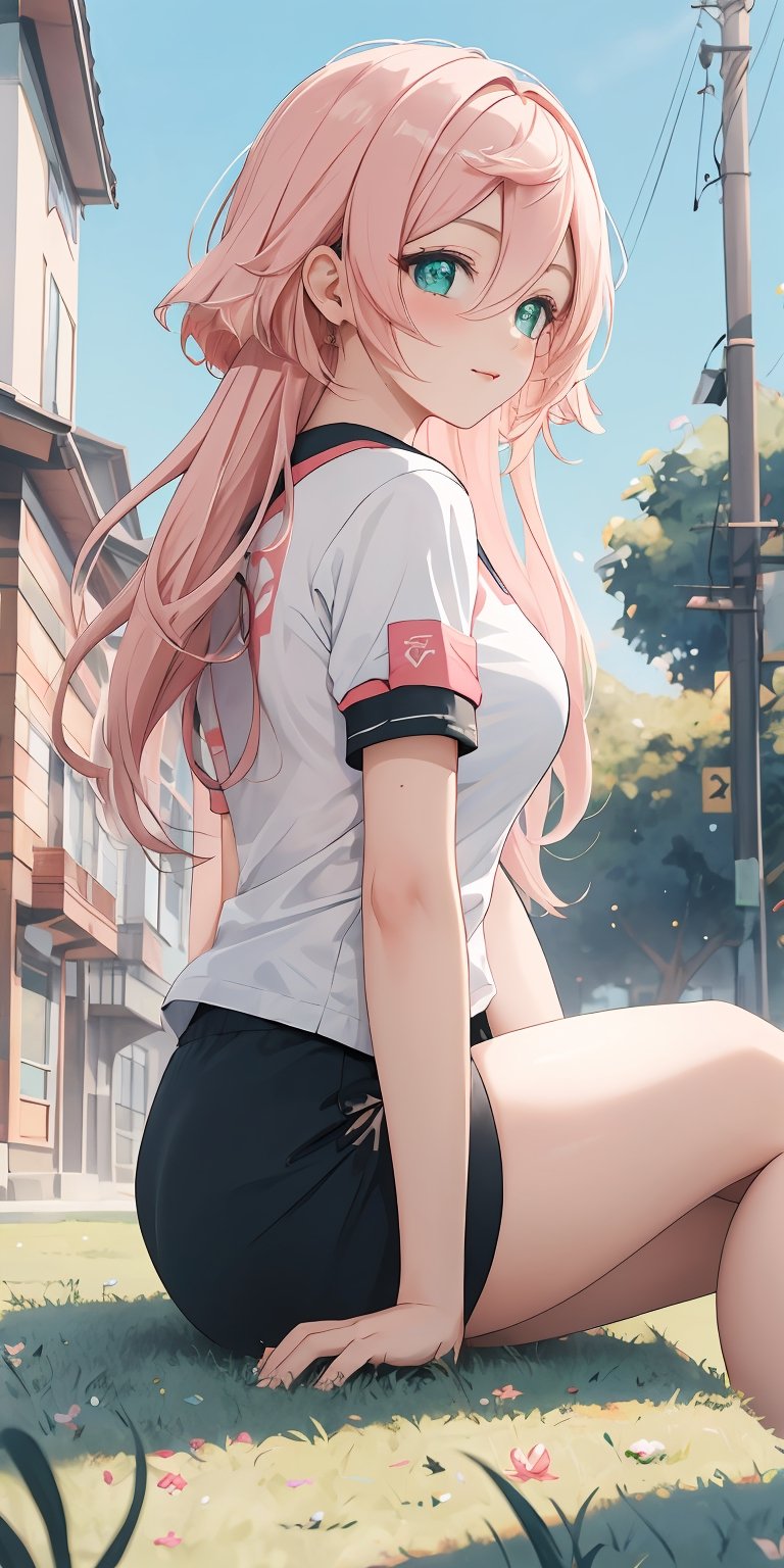 (masterpiece), best quality, ultra-detailed, illustration, kawaii style, pastel colors, , kawaii, cute colors, 1girl,frontview, yanfei \(genshin impact\), , pink hair, long hair, green eyes, alternate costume, black shirt, shirt, short sleeves, breasts, gym uniform, blue buruma, bare legs, thighs, (sitting), from side, depth of field, dated, schoolyard, grass,pastel colors