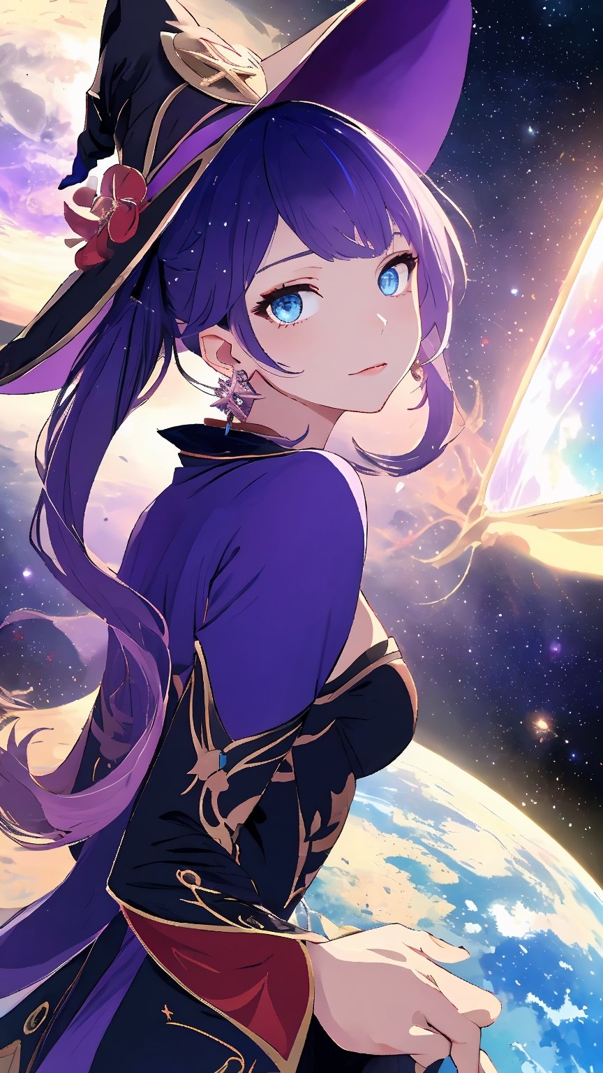 masterpiece, best quality, (colorful),(delicate eyes and face), volumatic light, ray tracing, bust shot ,extremely detailed, 1girl, mona \(genshin impact\), gimona, , purple hair, bangs, twintails, blue eyes, closed mouth, earrings, jewelry, long hair, looking at viewer, looking back, hat, purple headwear, solo, witch hat, mirrornun, , sparkling stars, sparkling eyes, space, galaxy, starry sky, galaxy, , , dress reflecting space, moon, moonlight,monadef,starry sky,rainbowhair