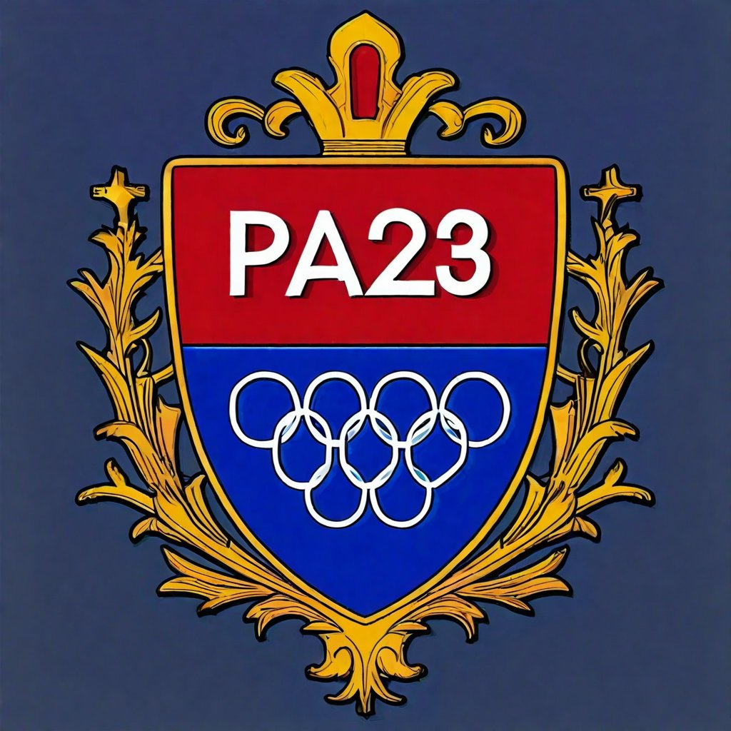 A majestic medieval-inspired logo for the Paris Olympic Games! The framing features a regal crest with intricate details, set against a contrasting background. The centerpiece boasts vibrant, bold text MMXXIV in a striking color scheme, with the smaller text 2024 elegantly situated below. A fusion of modern and medieval elements, this emblem exudes grandeur and excitement for the Olympic Games.