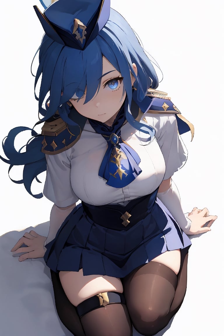 absurdres, highres, ultra detailed, manhwa style, (cute), 1girl, milf, clorinde (genshin impact), , blue hair, long hair, hair over one eye, ascot, headwear, capelet, high-waist skirt, thigh strap, pantyhose, white shirt, kneeling, arm behind back, looking down, from above, full body, simple background,1girl