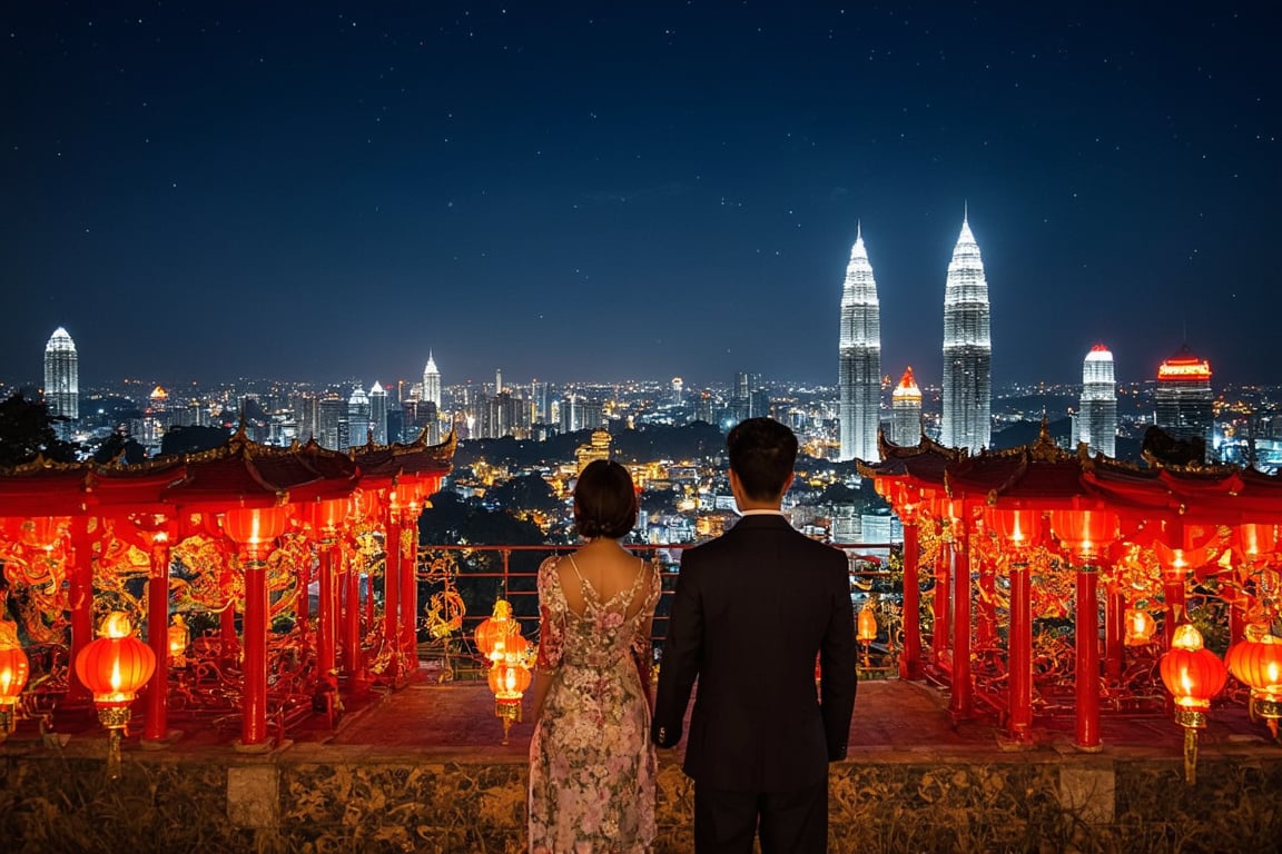 A realistic, epic scene of Thean Hou Temple in Kuala Lumpur at night, lit up by hundreds of lanterns that create a warm, golden glow. The six-tiered temple is depicted in all its grandeur, with its intricate, ornate rooftops adorned with detailed dragon and phoenix carvings. The bright red pillars and gold accents reflect the vibrant cultural heritage of the Chinese community in Malaysia.

In the foreground, a young couple is standing on the temple’s expansive balcony, overlooking the city lights below. The woman wears a traditional cheongsam with delicate floral patterns, and the man is dressed in a modern mandarin-collared suit. They stand close together, sharing a quiet, romantic moment as they gaze out at the beautifully illuminated temple grounds. 

The background shows the panoramic view of Kuala Lumpur, with the city’s skyscrapers twinkling like stars against the night sky. The moon is full and high above, casting a soft light over the temple and the couple. The scene is a perfect blend of cultural richness and romance, capturing the enchanting atmosphere of one of Malaysia’s most iconic temples.
