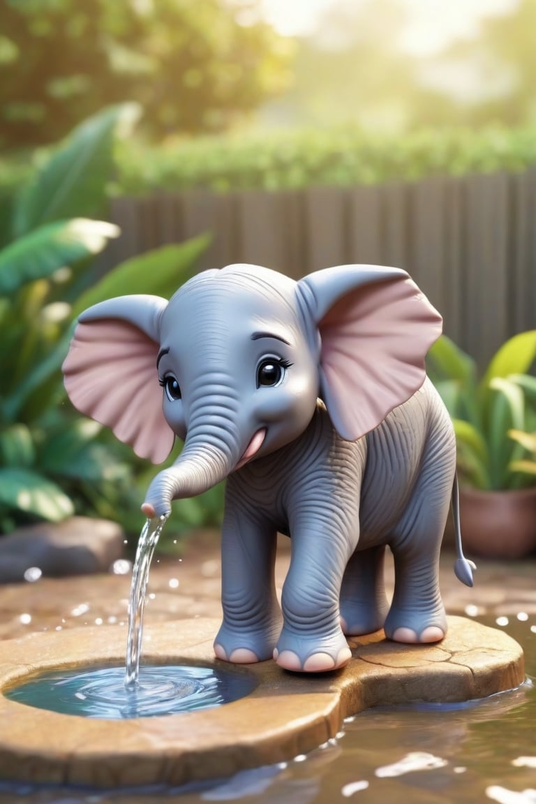 cute small elephant playing with water in backyard, family, christmas gift, detailed house, cute