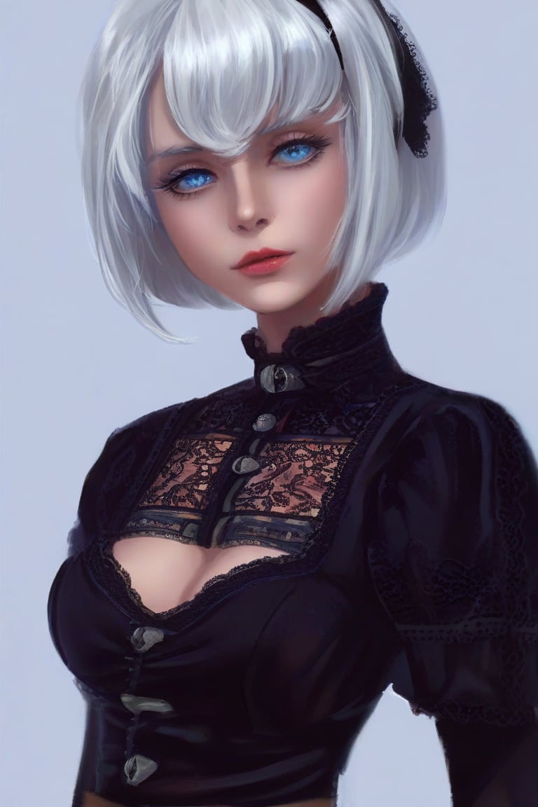 Digital painting of Yorha No. 2 Type B, shot from a cowboy perspective. She wears a black dress with lace trim and long sleeves, cutout revealing medium-sized breasts with hair between her eyes. Her blue eyes gaze downward, lips closed. Bangs frame her face, short white hair tied back with a hairband. A mole is visible under her mouth. Jewelry adorns her ears. In the alternate costume, she dons black dress with side slit and lace trim, but no blindfold.