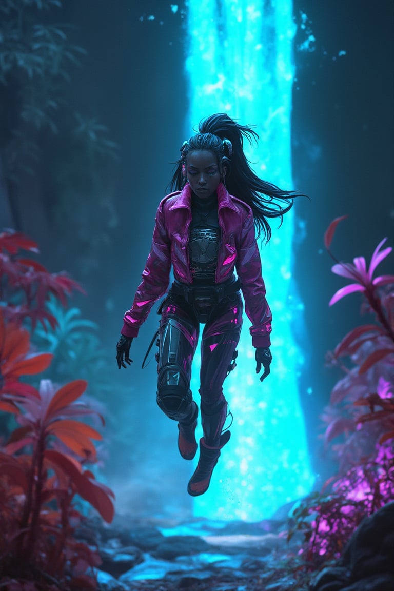 Action shot of a Brazilian woman leaping mid-air in a vibrant sci_fic combat suit, captured against the glowing waterfall and bioluminescent plants of a futuristic jungle.