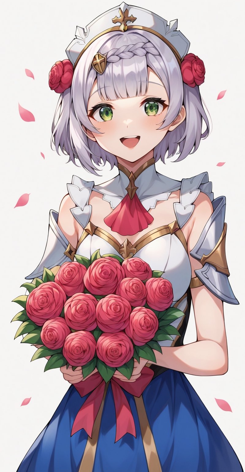 Score_9, Score_8_up, Score_7_up,
1girl, noelle, genshin impact, green eyes, short hair, silver hair, braid, flower, hair flower, hair ornament, blue dress, holding a bouquet of tulips in hands, happy, smile, open mouth, simple background, white background, upper body, pastel, pink theme, warm colours, masterpiece, best quality, aesthetic , art by wlop, art by nixeu