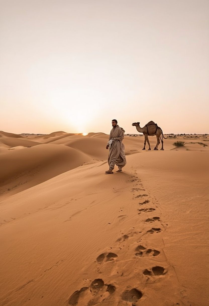 A solitary nomad in flowing robes traverses a vast desert landscape. Sand dunes, camel, oasis in the distance, sunset, wind, footprints, extreme close-up, portrait.