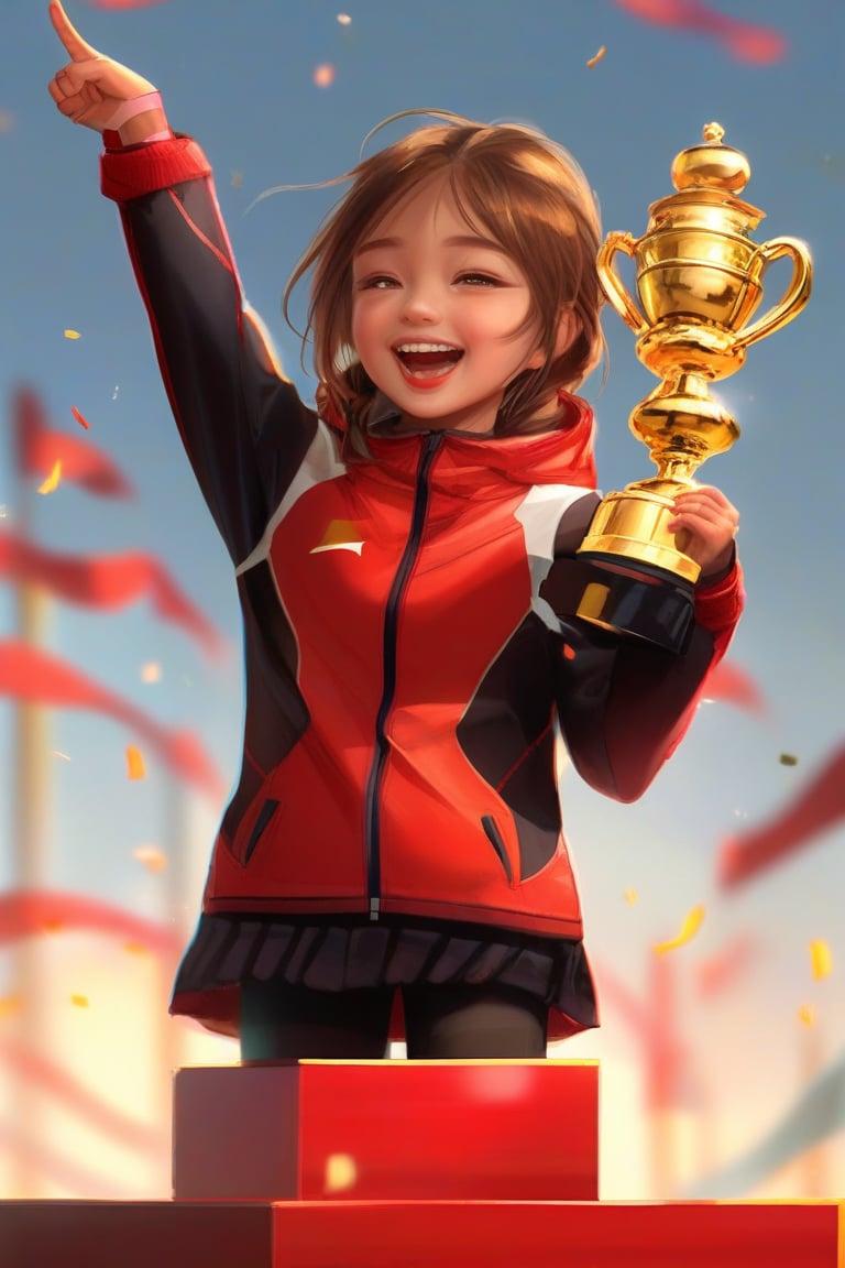 Digital painting of cute young athlete stands proudly on her pedestal, wearing red and black jacket, beaming with joy as she holds aloft a gleaming gold Olympic