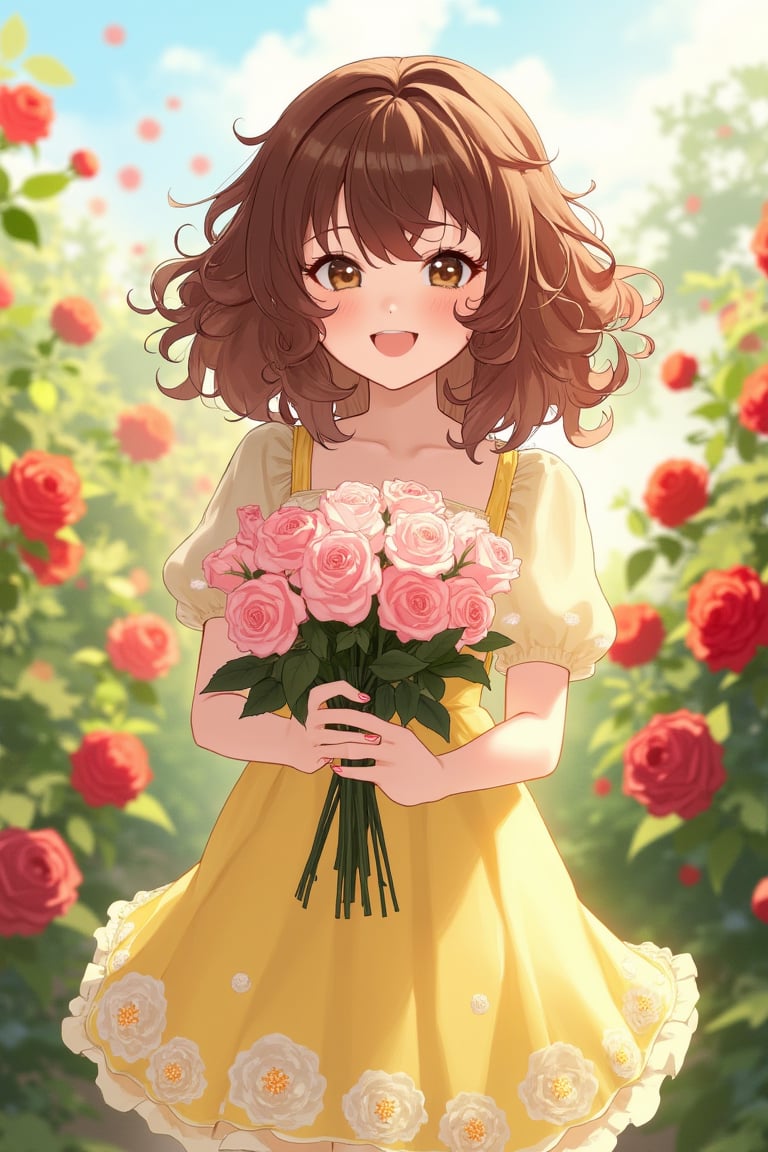 fuwafuwanime, A sunny day in a lush rose garden, a bright-eyed anime girl with curly brown hair and a warm smile poses against a vibrant backdrop of blooming roses. She wears a soft yellow dress with white flowers embroidered at the hem, her hands cradling a bouquet of fresh roses. The gentle sunlight casts a warm glow on her joyful face