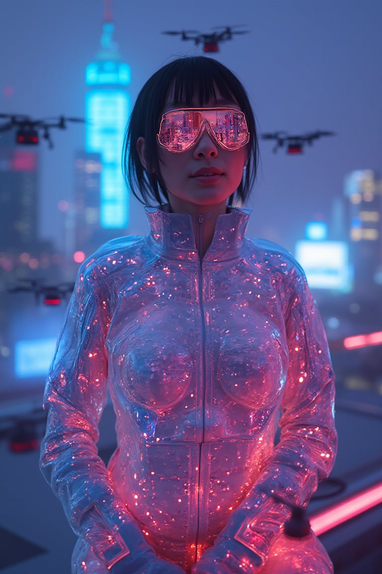 Portrait photo of a Japanese woman in a glowing sci_fic bodysuit standing on a neon-lit rooftop, the city skyline reflecting in her visor, with holographic drones around her.