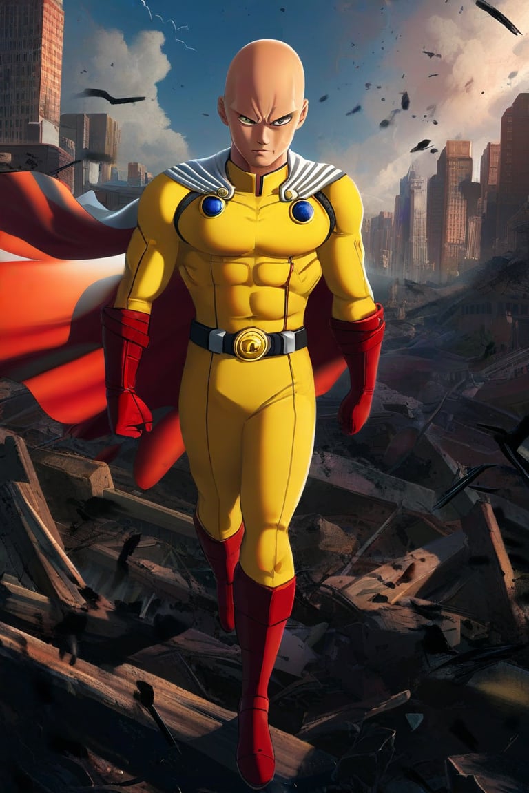 A dramatic digital painting of Saitama, the bald and powerful superhero from One-Punch Man. Framed in a dynamic landscape of destruction, he stands tall with his iconic bodysuit, red cape flowing behind him. He wears gloves, boots, and a belt, but it's his striking red footwear that draws attention. The lighting is intense, with bold shadows highlighting Saitama's rugged features as he surveys the devastation around him, his superhuman strength evident in every pose.