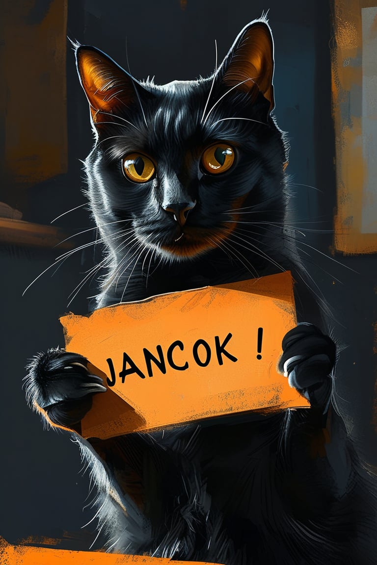 digital painting art of black cat holding sign that say "JANCOK! , orange room