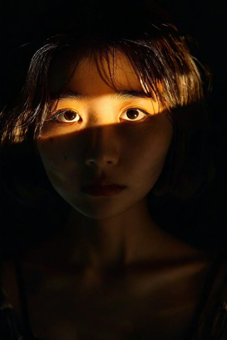 A mysterious Japanese girl with short hair gazes softly into the camera lens, her features illuminated by a subtle golden glow against a deep black background. Her slender figure is framed by the darkness, her eyes and skin tones standing out in striking contrast.