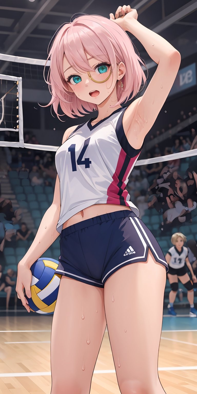 (masterpiece), best quality, ultra-detailed, illustration, kawaii style, pastel colors, kawaii, cute colors, pastel colors, Charlotteid, 1girl, (sweat:!.2), [navel], solo, pink hair, bangs, green eyes, (monocle), short hair, bare shoulders, , alternate costume, sportswear, volleyball uniform, shorts, shirt, white shorts, shoes, armpits, sleeveless, volleyball, holding, holding volleyball ball, looking at viewer, sneakers, sweat, sleeveless shirt, open mouth, arm up, ball, (volleyball indoor)