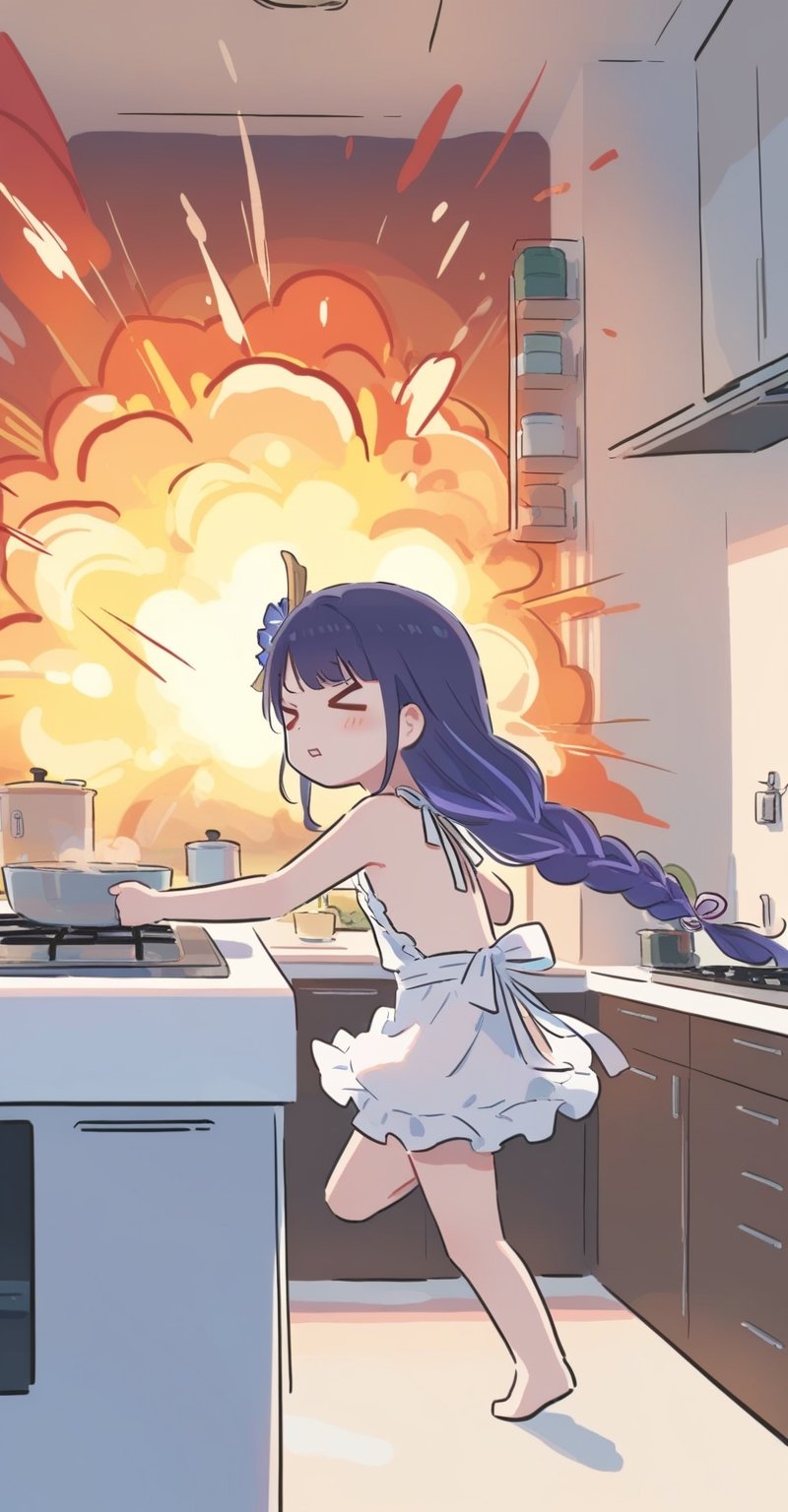 1girl, [raiden shogun], long hair, braided hair, ningen mame,ciloranko,xinzoruo,year 2023, solo,blush, 1girl, running, closing her ears, naked apron, {explosion}, >_<, smoke, indoors, kitchen,  best quality, amazing quality, very aesthetic, absurdres, loli