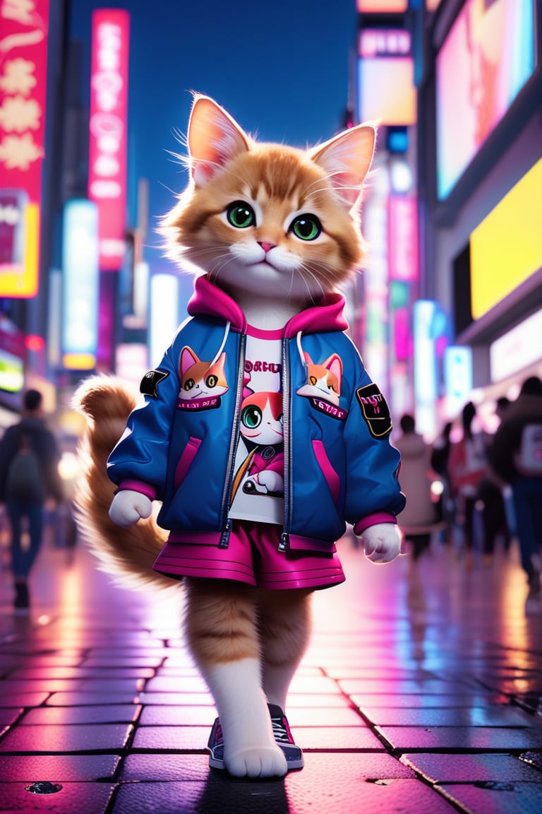 A captivating portrait of a sweet cat-girl standing at Shibuya's iconic scramble crossing. She wears an open jacket, showcasing her whimsical outfit. Her eyes sparkle as she savors the sweetness of Tenghulu candies, her paws delicately holding the treat. The vibrant Tokyo cityscape serves as a stunning backdrop, with neon lights and bustling energy reflecting off her fur. Framed by a bold, graphic composition, this captivating scene showcases the beauty of urban fantasy.