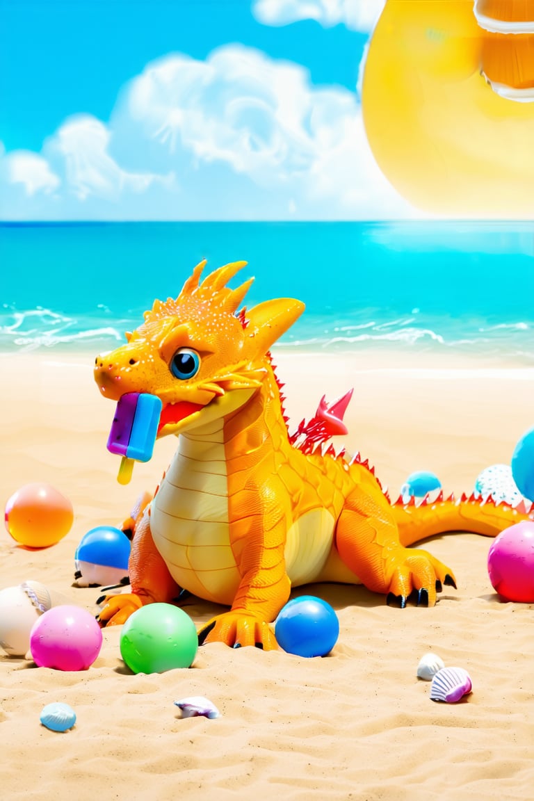 A whimsical 3D cartoon scene: A playful dragon lounges on a sun-kissed beach, its scales glistening in warm light as it leisurely devours a colorful popsicle, sugary drips down chin. The sandy beach beneath is dotted with seashells and beach balls; clear blue sky above filled with fluffy white clouds.